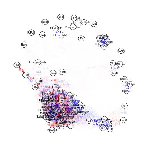 Correlation matrix viewed as force-directed network graph with qgraph